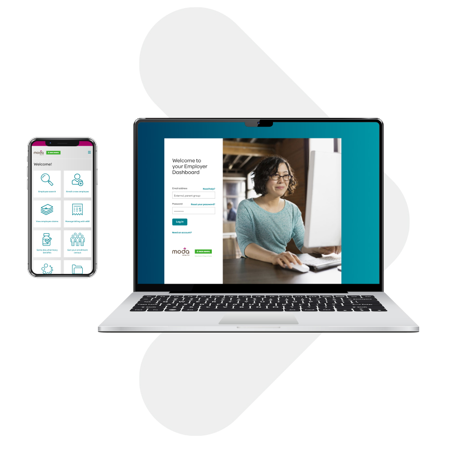 Phone and computer screens showing the Moda Health Employer Dashboard with plan details and management tools.