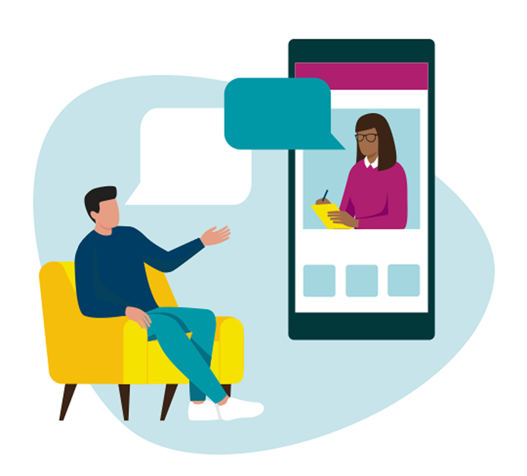 Icon of patient sitting talking to a therapist on the phone with air bubbles representing virtual care.