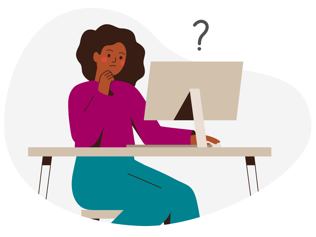 Icon of a woman thinking at her desktop with a question mark floating overhead represents where to start.