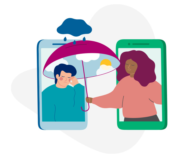 Cartoon of two phones, woman with umbrella supports sad man, symbolizing virtual mental health care.