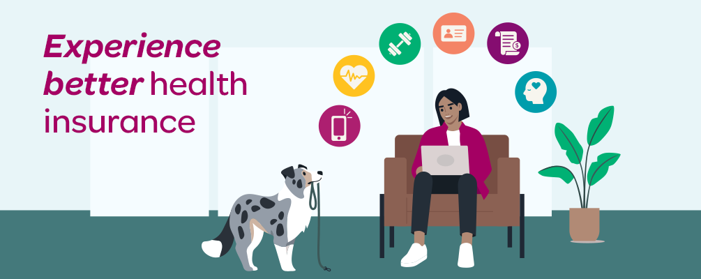 Cartoon woman with laptop, health icons above, looks at dog holding leash, with headline: Experience better health insurance
