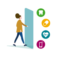 Icon of woman opening door to Moda 360 programs, representing access to multiple coaching and health programs that support overall wellness.