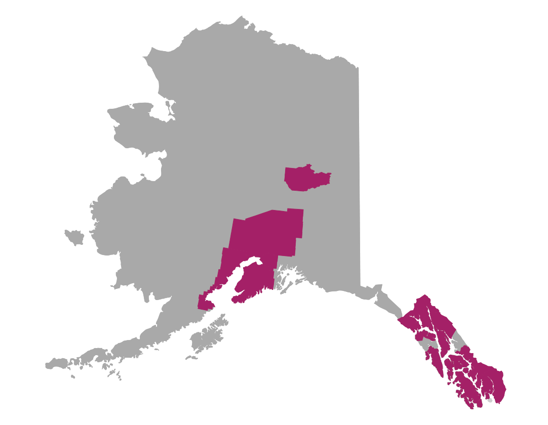 Alaska map with outlined regions, representing areas where members can access care