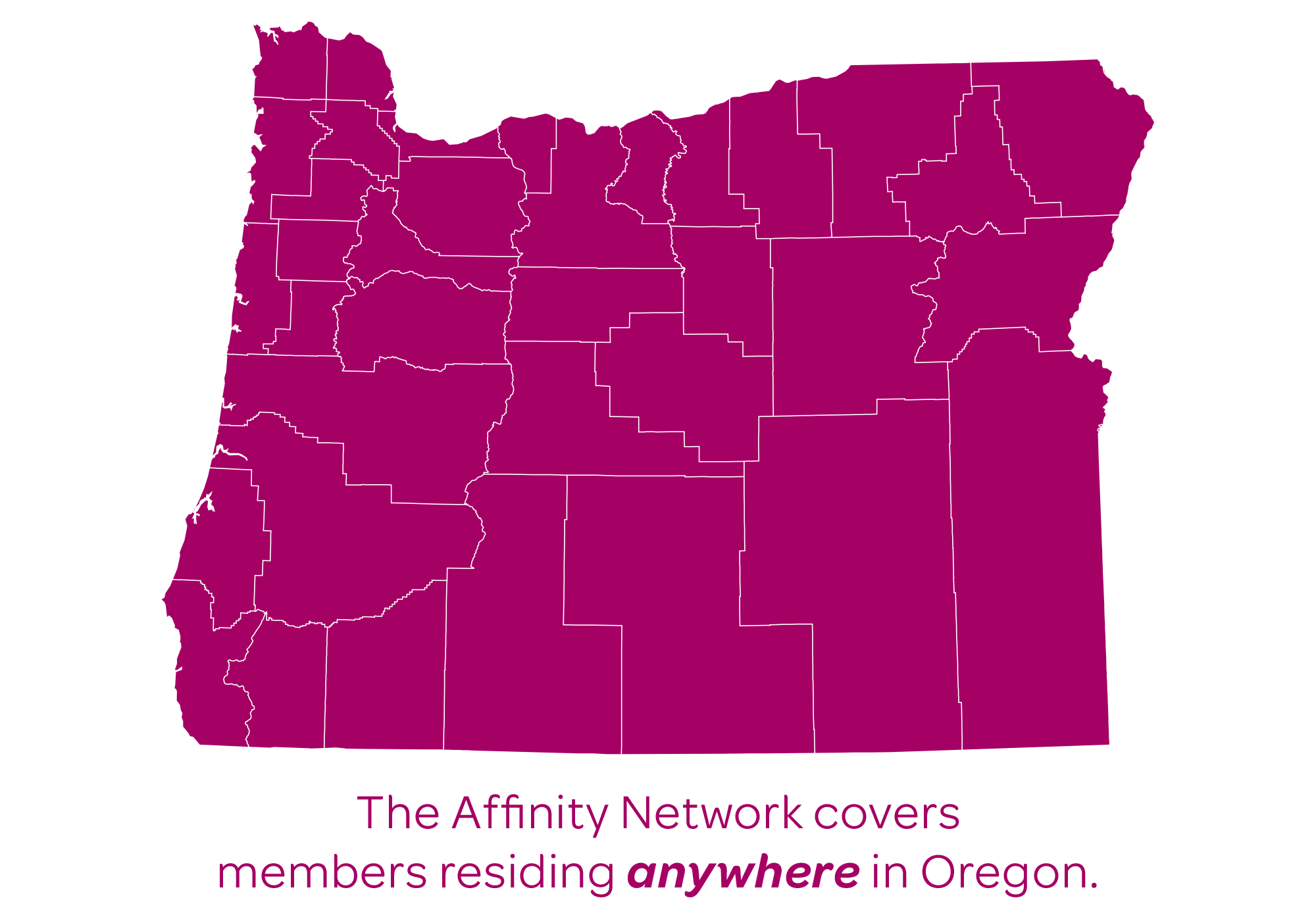 Icon of an Oregon map with outlined counties, representing statewide Affinity Network coverage that helps people access care close to home.