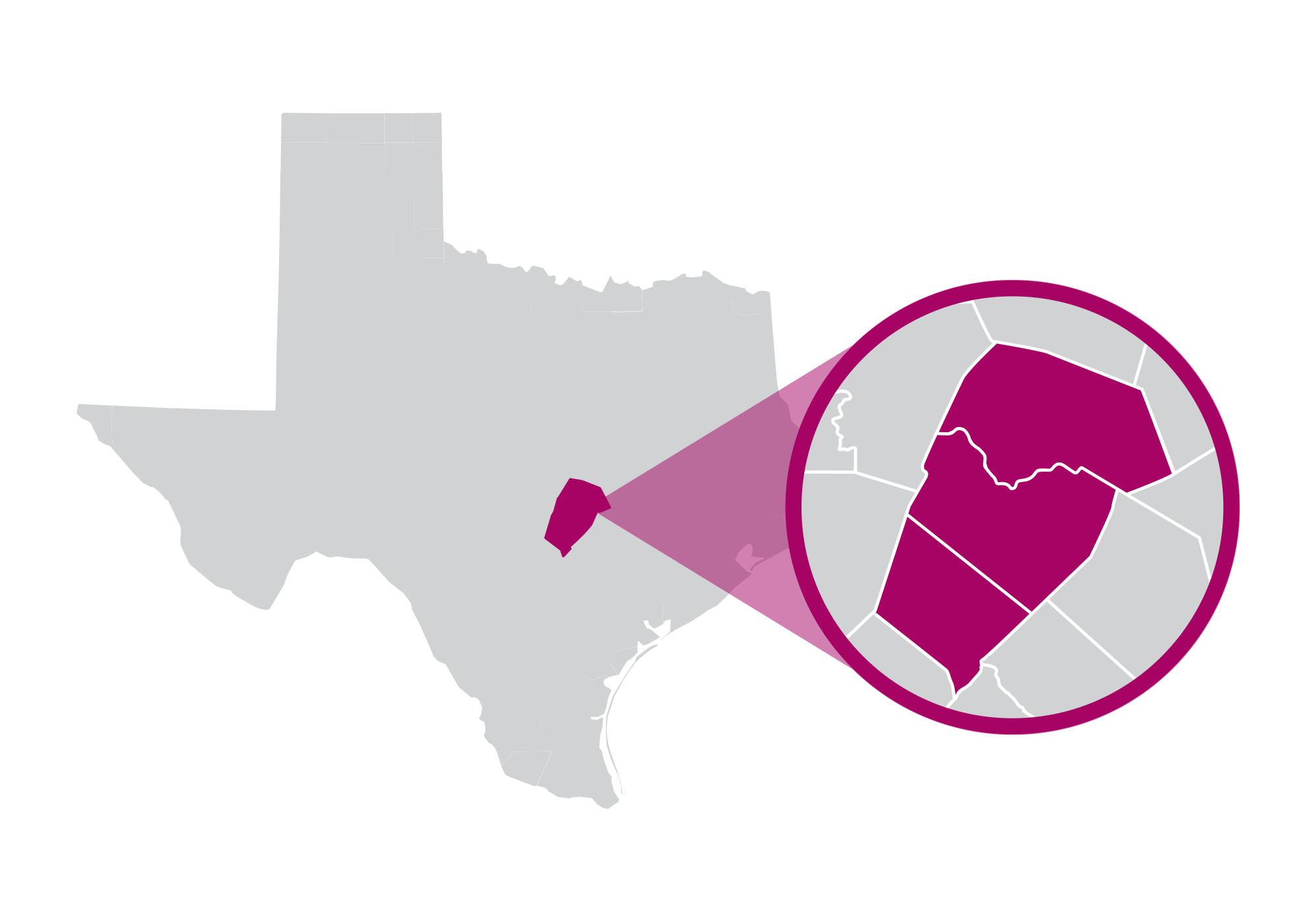 Icon of a Texas map with outlined counties, representing coverage that helps people access care close to home.