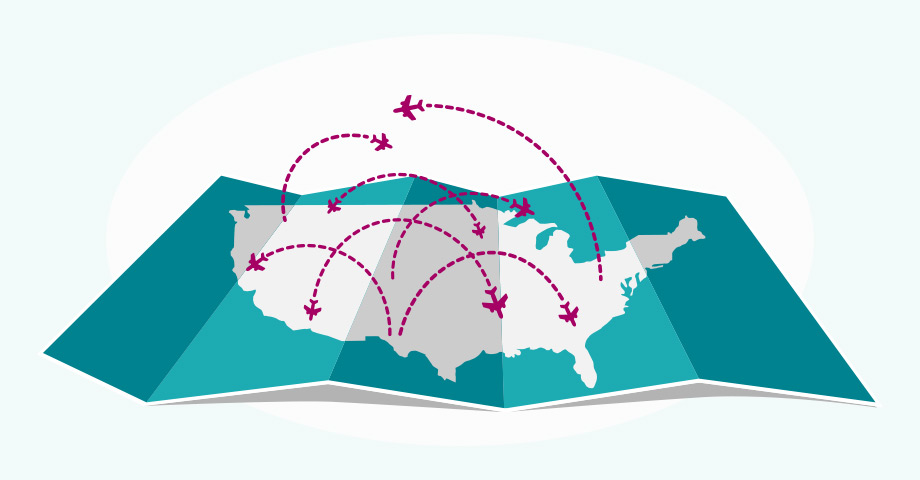 Icon of a U.S. map with a marker on Oregon and a dotted line to an airplane, representing nationwide coverage that supports care while traveling.