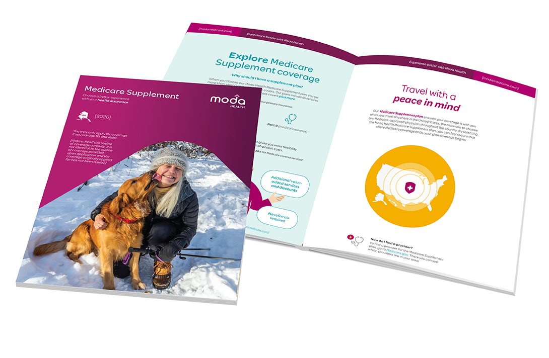 Two Medicare Supplement brochures highlighting Moda Health coverage designed to help manage health care costs and support well-being.