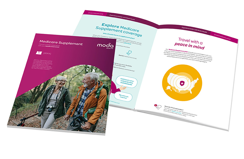 Two Medicare Supplement brochures highlighting Moda Health coverage designed to help manage health care costs and support well-being.