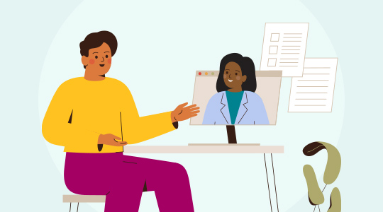 Illustration of female health coach and patient talk at a desk with frame credentials on the wall.