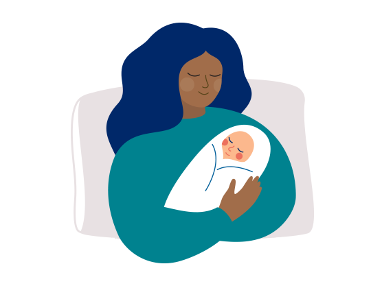 Illustration of a smiling mother resting against a pillow while holding her newborn child wrapped in a blanket.