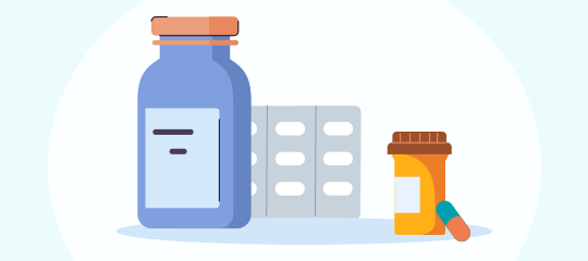 Illustration of prescription medication bottles and a blister pack representing mail-order pharmacy services.