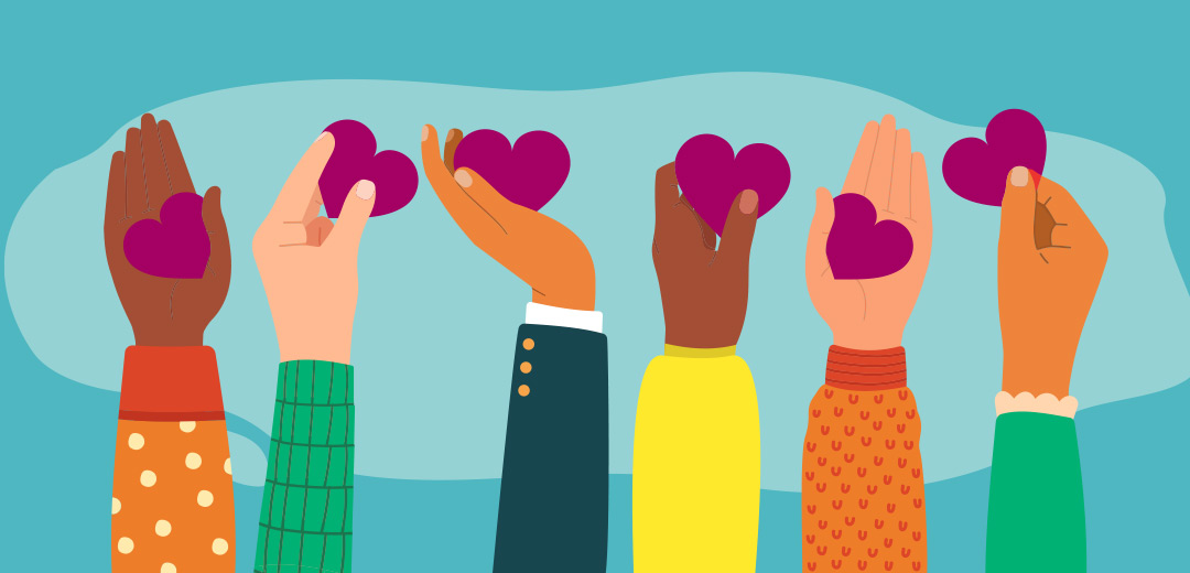 Six colorful hands hold plum-colored hearts.