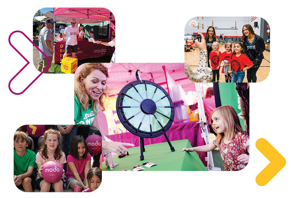 Collage of photos showing Moda Health team reps engaging with kids in the community.