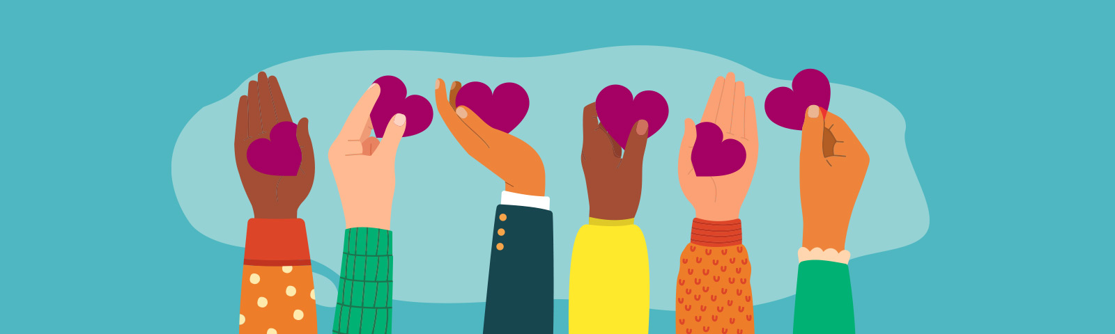 Six colorful hands hold plum-colored hearts together.