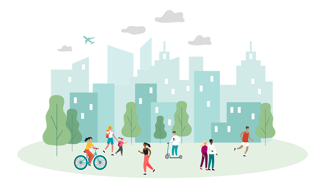 Cartoon of people biking and jogging outdoors with a city skyline in the background.