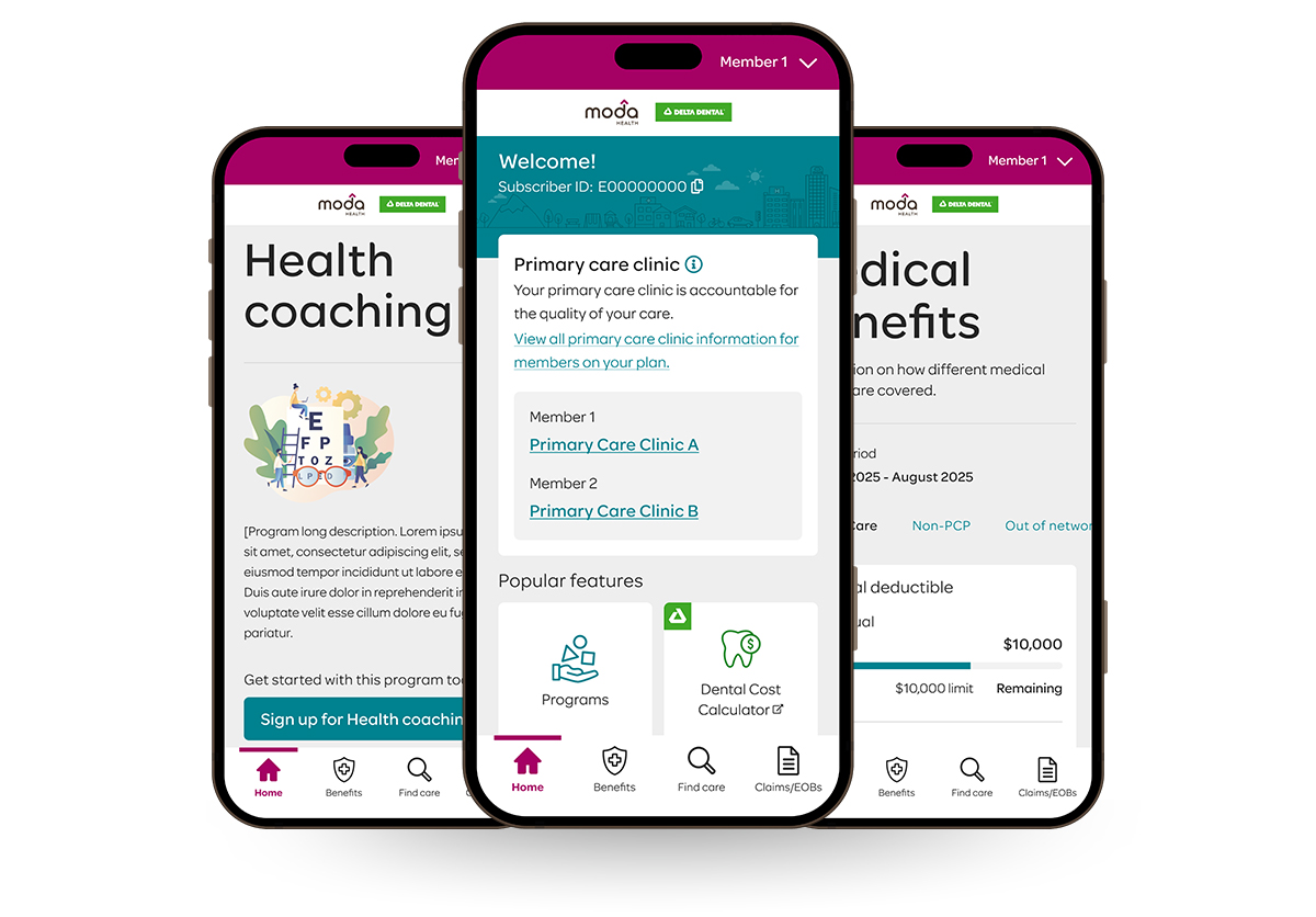 The moda health dashboard on viewed on mobile.