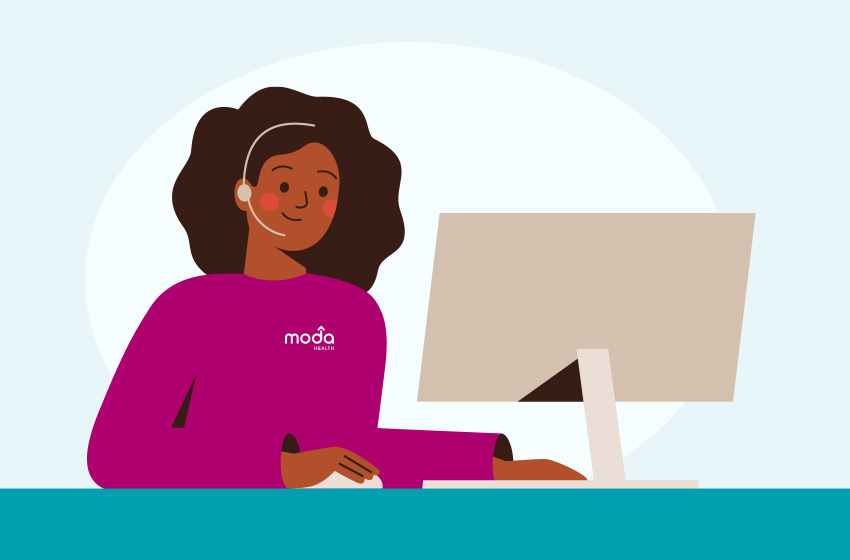 Illustration of a moda customer service rep assisting a customer