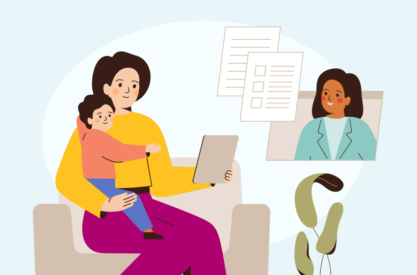 Illustration of a mother and her child receiving telehealth care