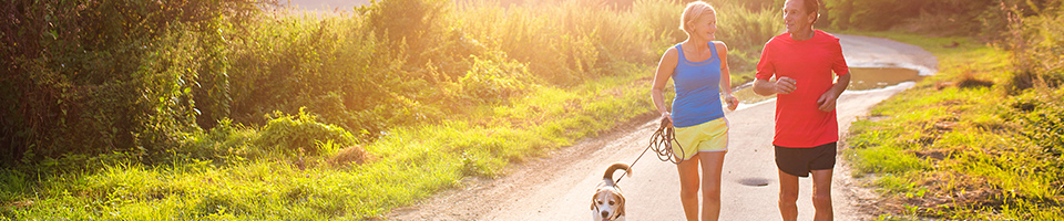 A couple enjoying their good health, running along a trail with their dog