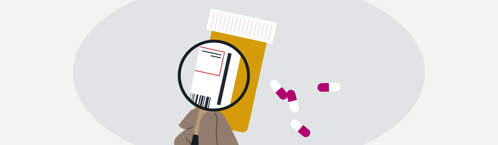 A magnifying glass held over the label of a prescription bottle