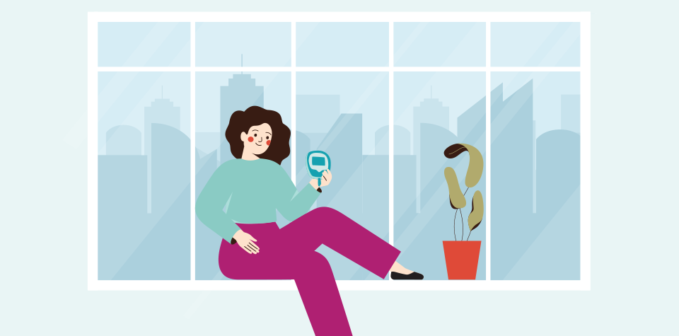 A woman sitting down looking for help about diabetes