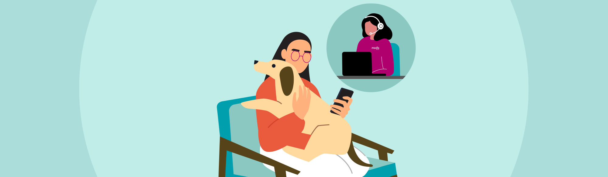 Illustration of woman holding dog messaging with a Moda Health customer representative