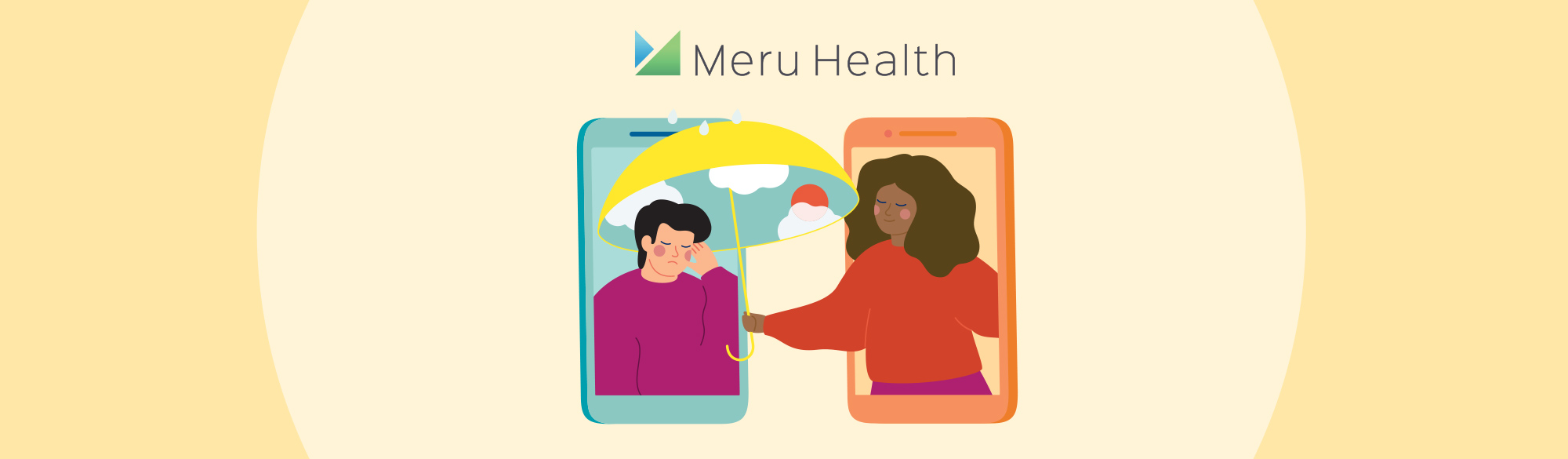 Illustration of a woman holding an umbrella over a sad looking man representing mental telehealth