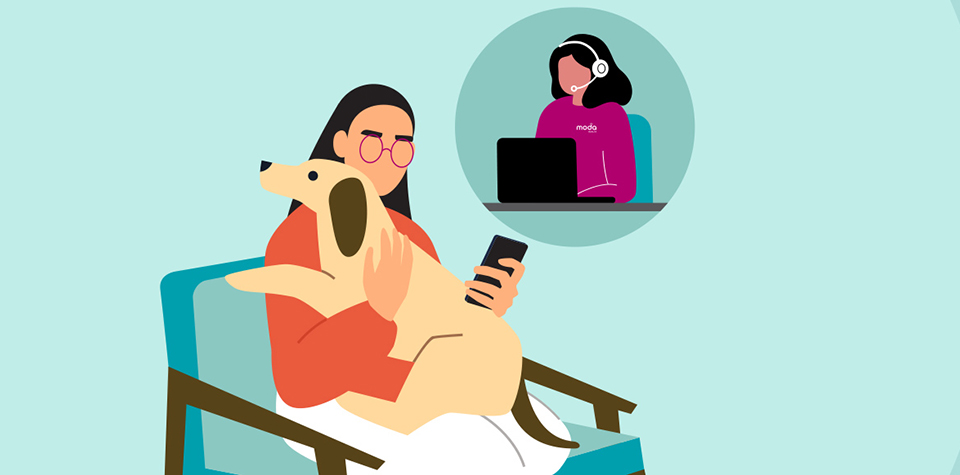 Illustration of woman holding dog messaging with a Moda Health customer representative
