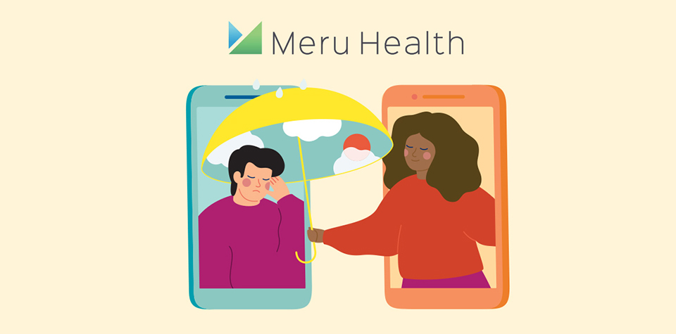 Illustration of a woman holding an umbrella over a sad looking man representing mental telehealth