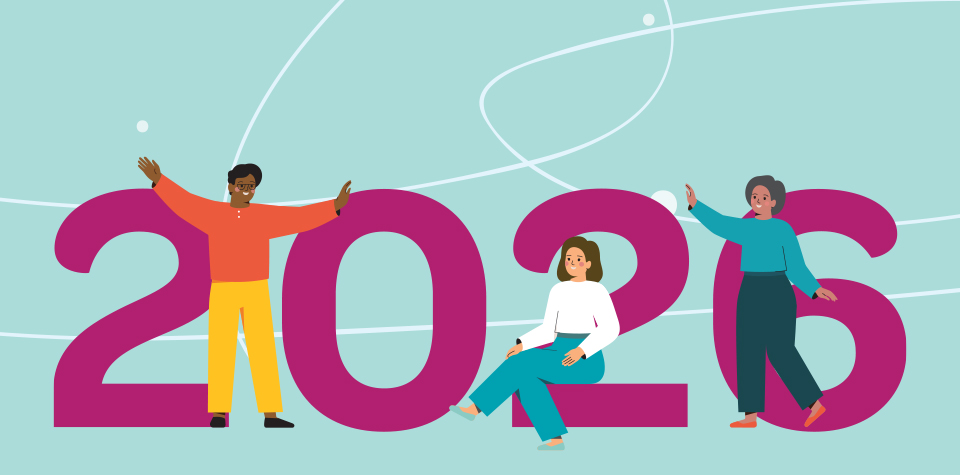 Illustration of the people standing in front of the year 2026