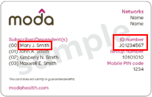 ID card with subscriber name and ID highlighted