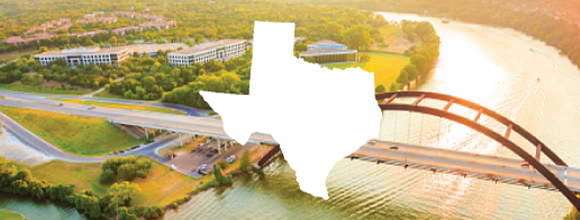 State of Texas silhouette over arial image